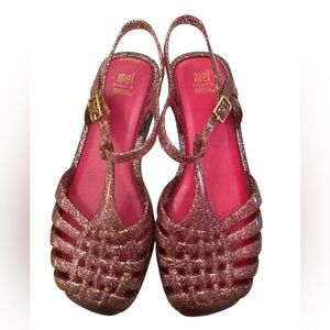 Melissa Aranha Quadrada Pink Glitter Sandals - Size 4